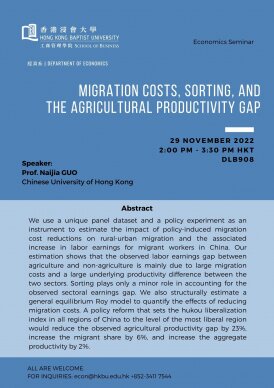 ECON Departmental Seminar: Migration Costs, Sorting, and the Agricultural Productivity Gap