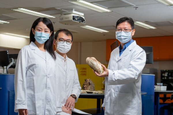 邱建文教授（右）和他的浸大研究團隊成員葉志豪博士（中）和徐婷博士，從南中國海一處1,360米深的冷泉區採集到的白瓜貝樣本。