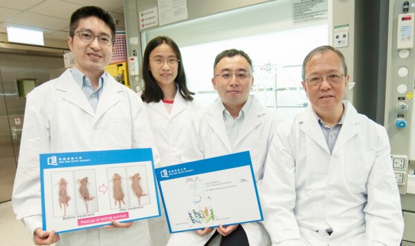 由黄嘉良教授（右二）及龙康乐博士（左一）的团队发明了针对EB病毒的新型靶向疗法，於日内瓦国际发明展夺得金奖。