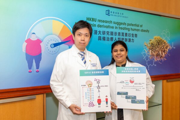 浸大中医药学院副教授王凯亮博士（左）和研究助理教授Pallavi Asthana博士（右）的研究团队，首次证明青蒿琥酯能治疗非人类灵长类动物的肥胖。
