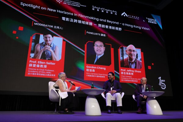 (From left) Professor Ellen Seiter, Director of the Academy of Film at HKBU; Mr Gordon Cheng, CEO of the Cameron Pace Group China; and Professor Jeffrey Shaw, Chair Professor of the Academy of Visual Arts at HKBU, share their insights at the panel discussion.