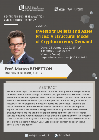 Prof. Matteo BENETTON, University of California, Barkeley "Investors' Beliefs and Asset Prices: A Structural Model of Crytocurrency Demand"