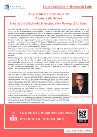 "From the Art Object to the Art-subject, a New Ontology of Art Forms", by Prof. Maurice BENAYOUN, School of Creative Media, City University of Hong Kong