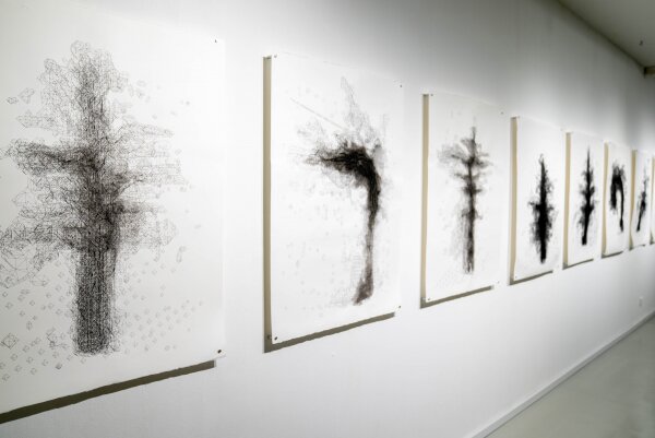 Hand-painted ink trees overlaid with robotically drawn outputs from TreeGAN. Osage Art Foundation, 2022.