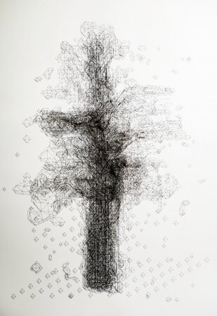 Hand-painted ink trees overlaid with robotically drawn outputs from TreeGAN. Osage Art Foundation, 2022.